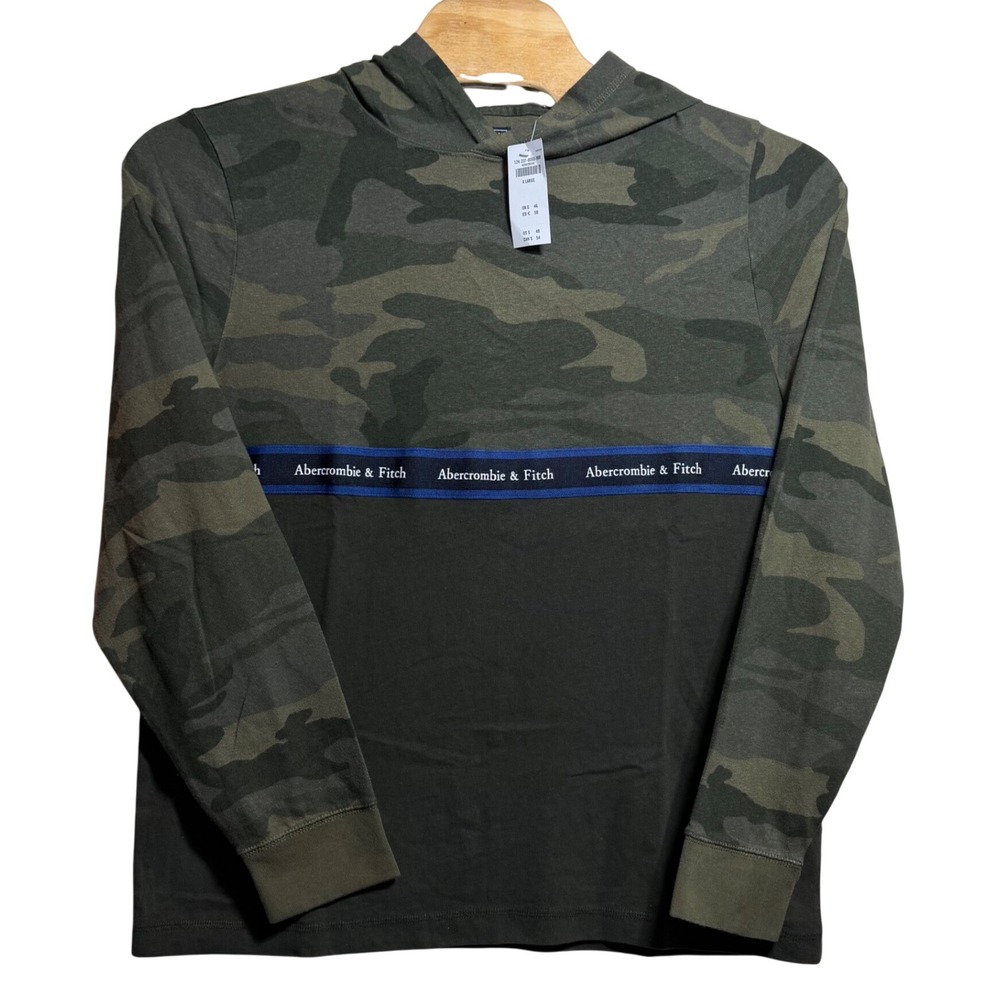 NEW Abercrombie & Fitch Mens XL Camo Logo Tape Long Sleeve Hooded T-Shirt $48
